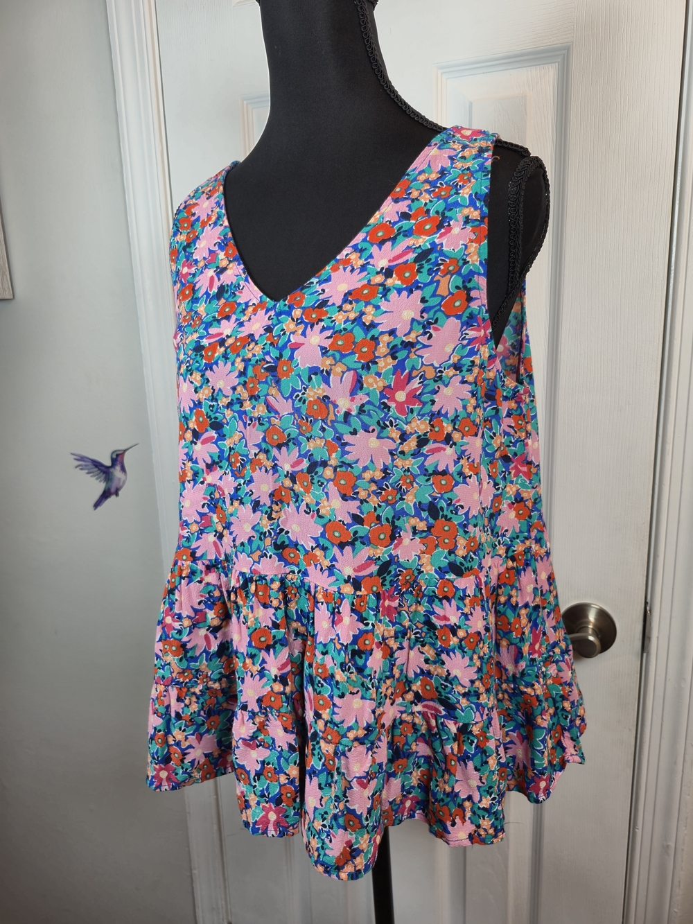 Loft Floral V-Neck Tiered Peplum Sleeveless Tank Top Medium - Picture 4 of 6